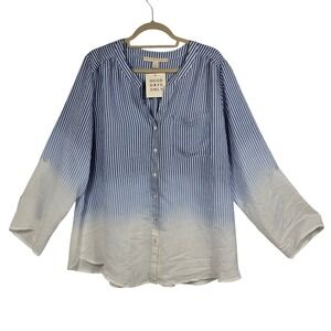 Good Days Only Womens Button Down Shirt 2X Blue White Striped Ombre Roll Tab NEW